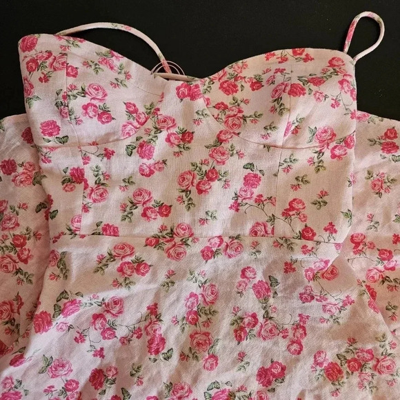 Zara Bloggers Favorite Pink Floral Lace Up Cutout Strappy Linen Blend Mini Dress - Picture 7 of 15